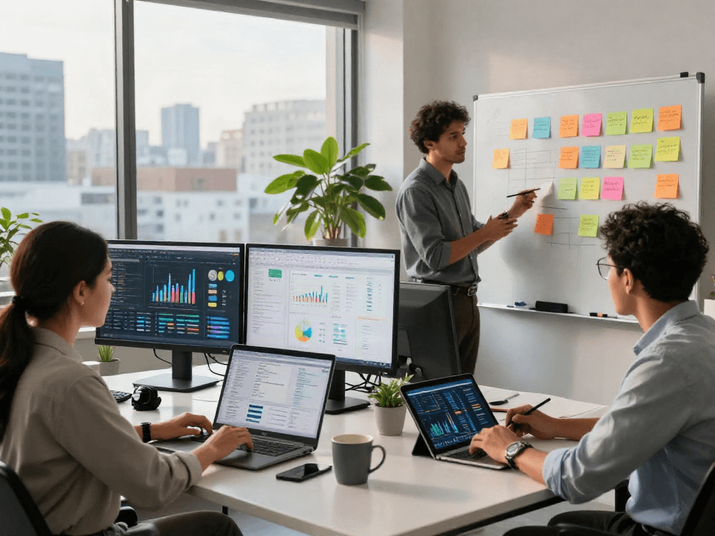 18+ ai marketing professionals collaborating in a dynamic workspace