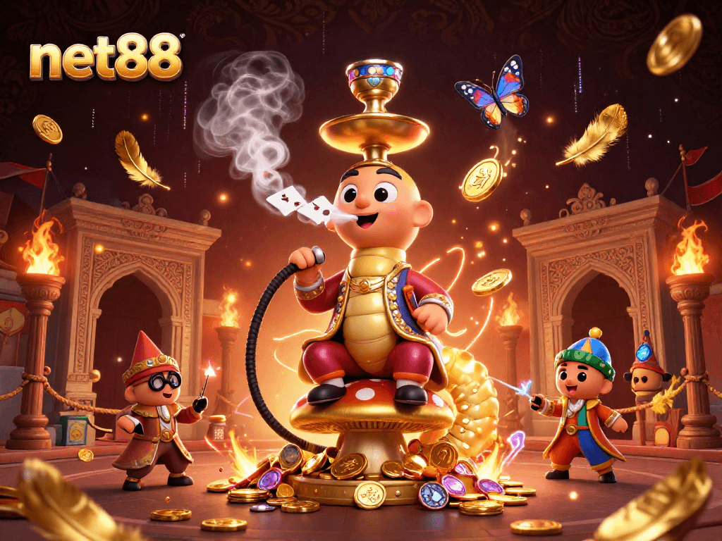 Experience thrilling poker hand symbols with net88 as a vibrant cartoon casino scene unfolds.
