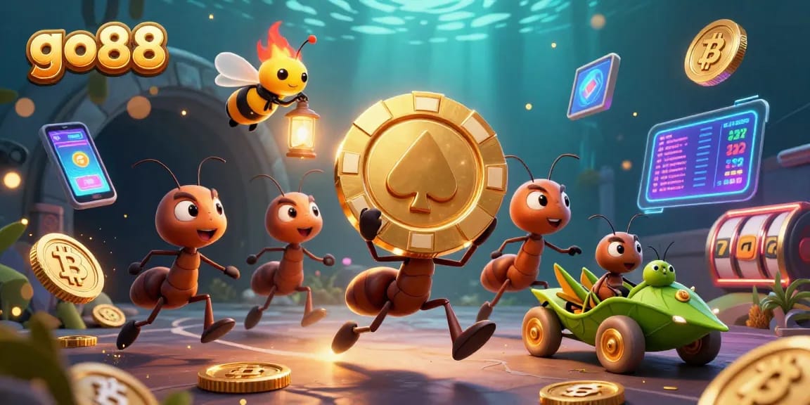 Experience thrilling heist action in go88's vibrant casino world with ants, gold chips, and crypto elements.