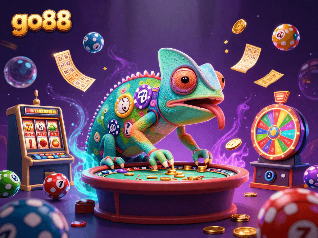 Experience go88's vibrant casino scene with a chameleon owner, colorful slots, and dynamic lottery action.