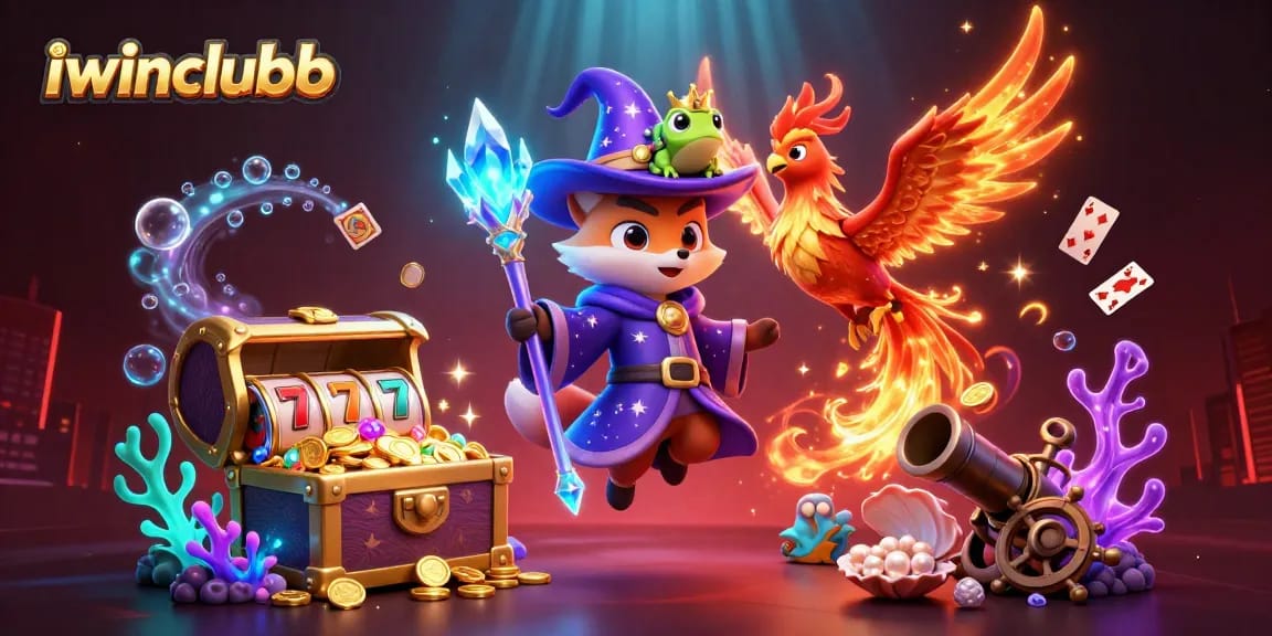 Engage with iwinclubb's vibrant casino adventure featuring a mystical fox wizard and treasure
