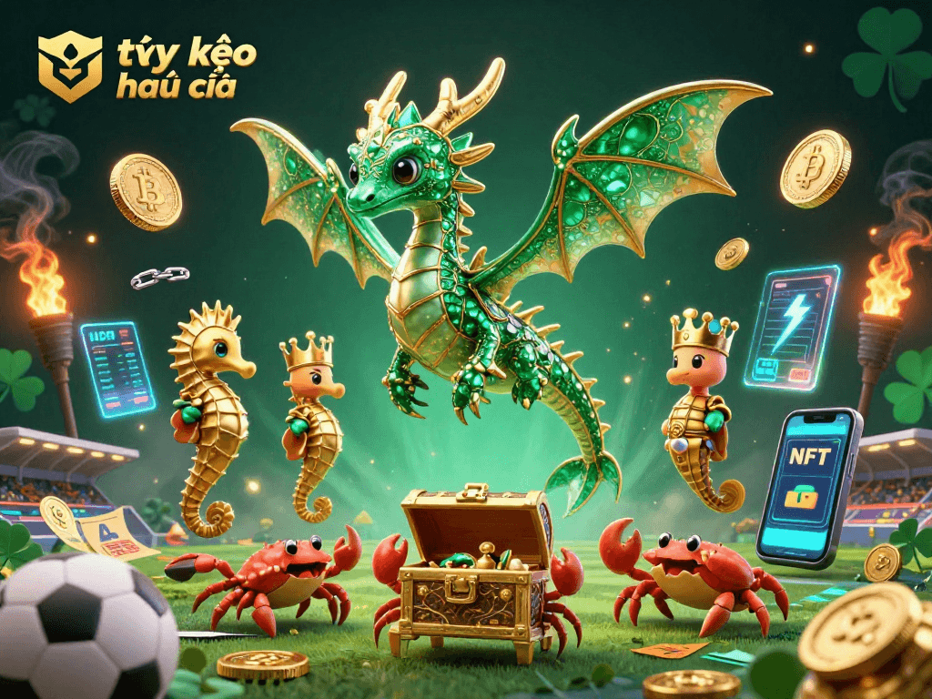 Tỷ lệ kèo nhà cái showcased with unique elements of sports betting, featuring a 3D dragon and vibrant digital coins.