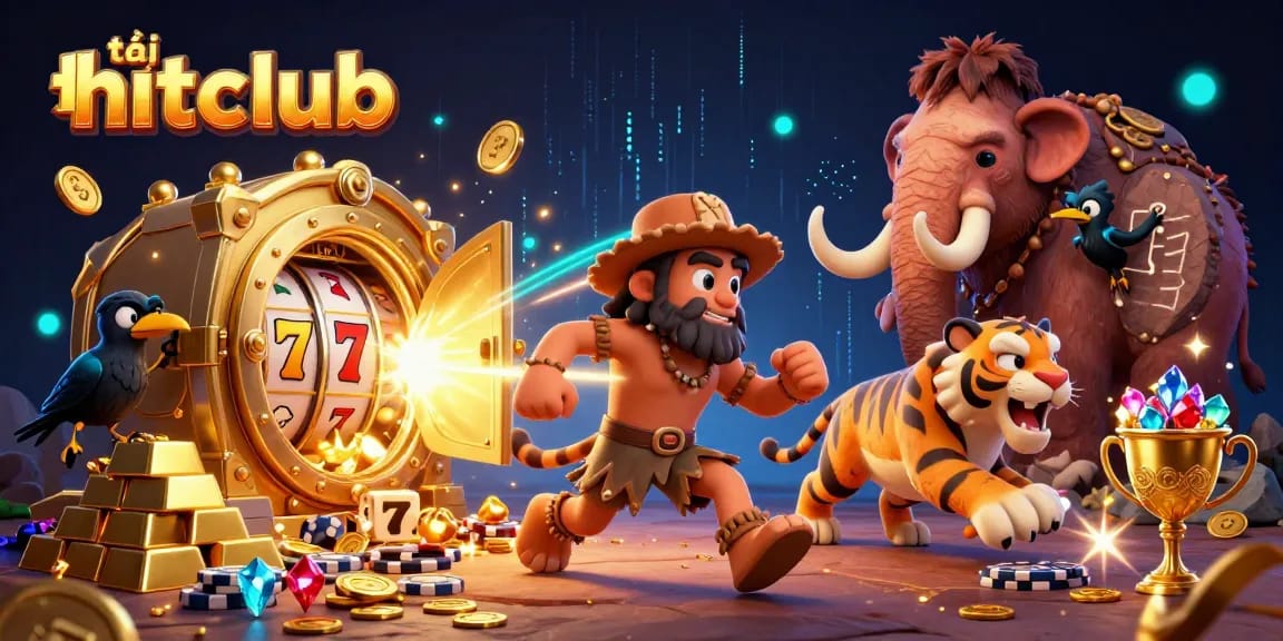 Engage in the thrilling excitement at tải hitclub with a vibrant prehistoric casino scene featuring characters and treasures.
