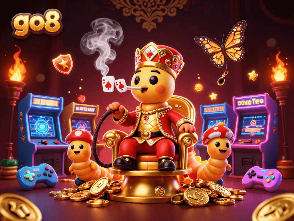 Engage with go8's vibrant casino illustration showcasing colorful game elements and a whimsical caterpillar character.