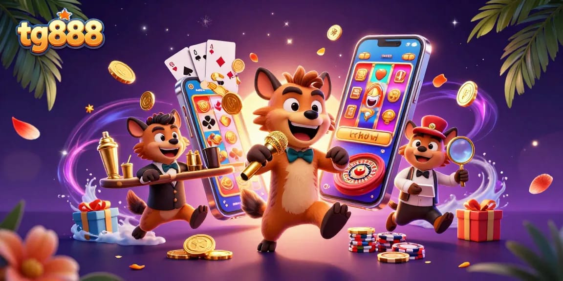 Engage in exciting gaming at tg888's lively comedy casino with hyenas and vibrant slot games.