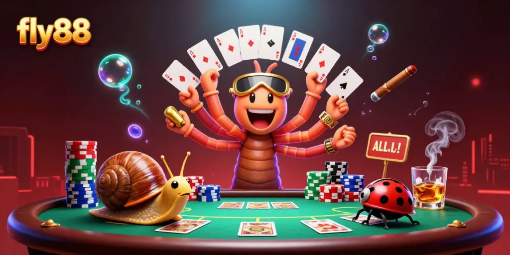 Experience exciting gameplay at fly88 with a vibrant casino scene featuring animated characters and poker elements.