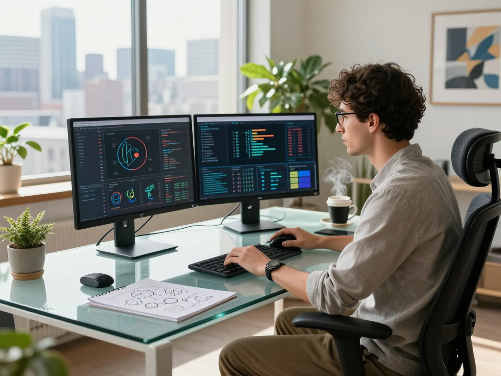 Data analyst utilizing 18+ ai tools in an innovative tech workspace filled with data visualizations and urban skyline views.