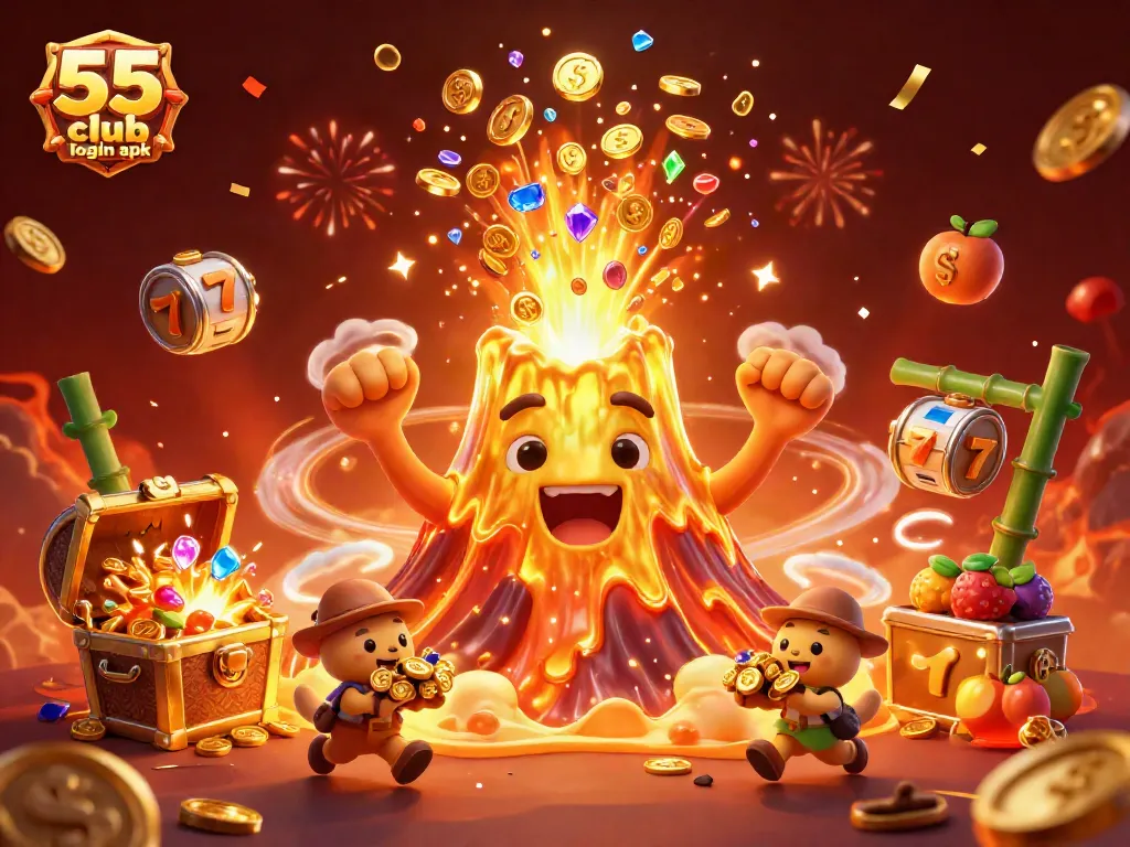 Experience the excitement of gambling with the 55 club login apk in a vibrant, treasure-filled scene.
