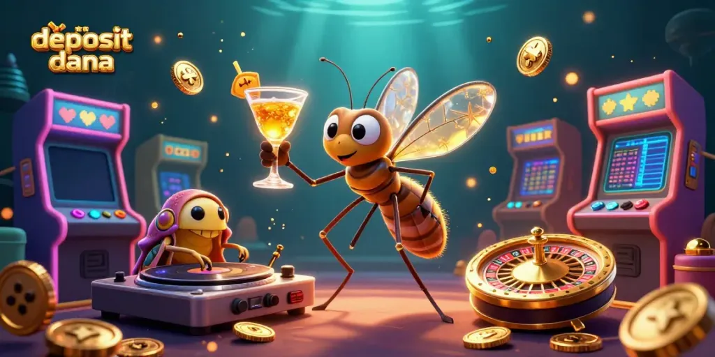 Win big with slot deposit dana at a vibrant casino scene featuring unique characters and gaming elements.