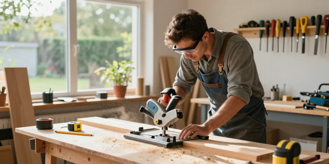 Craftsperson using a table mitre saw in a well-lit workshop.