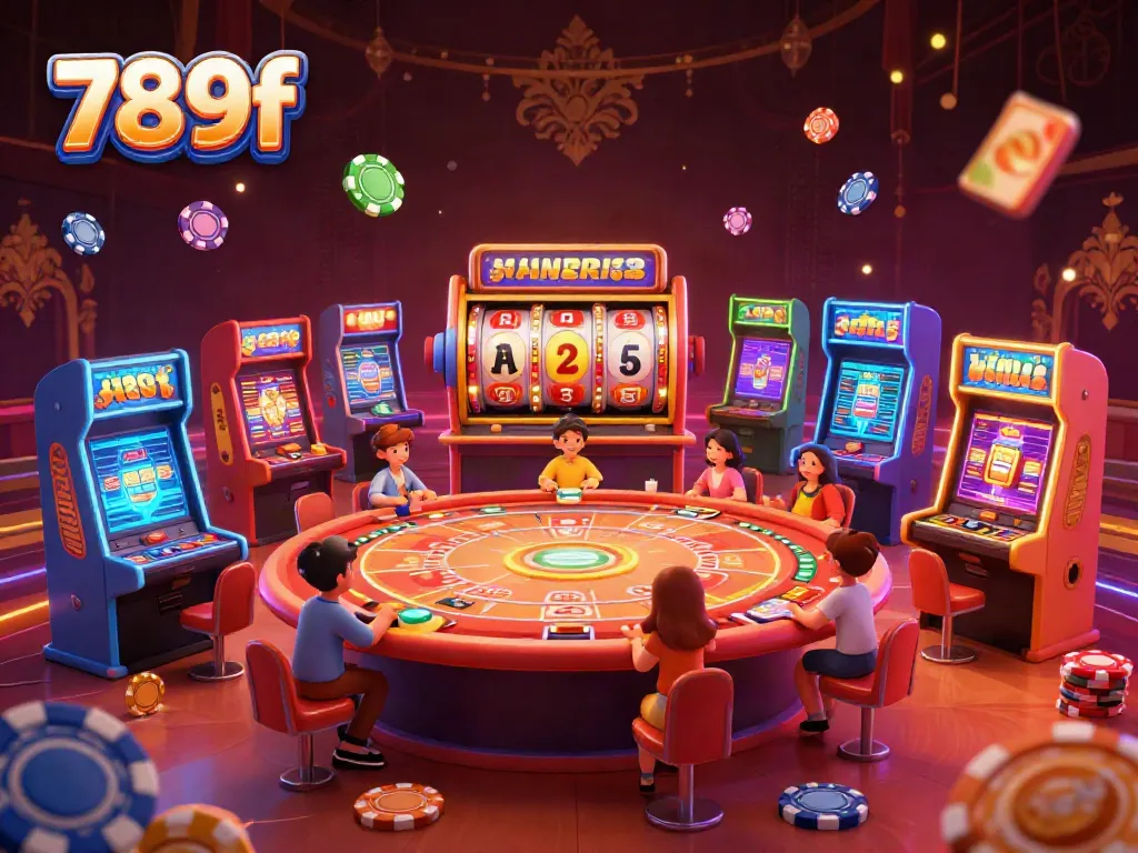 Experience thrilling casino action at 789f with vibrant slot machines, glowing neon lights, and dynamic gaming excitement.