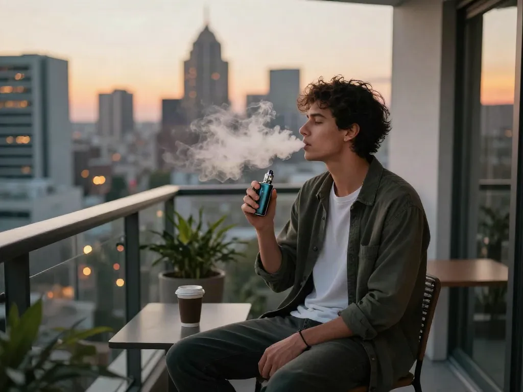 Vaping lifestyle scene showing how many puffs are in a vape bar with urban skyline backdrop.