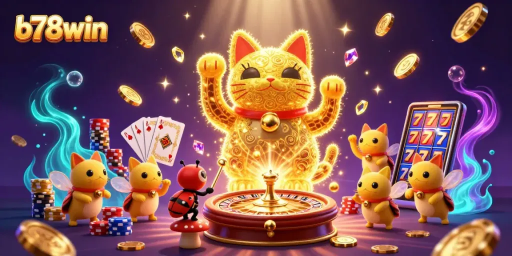 Try your luck with b78win at this vibrant casino-themed scene featuring a lucky cat and dynamic elements.