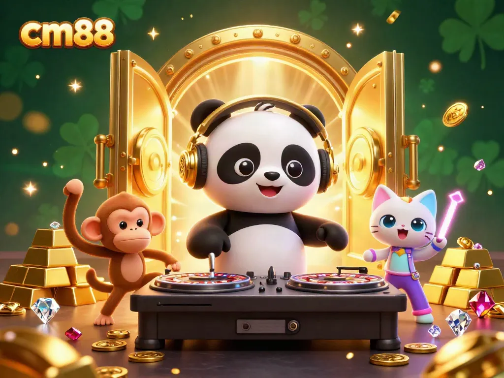 Experience thrilling moments at cm88 with a DJ panda, dancing monkey, and rave kitten amidst vibrant treasure.