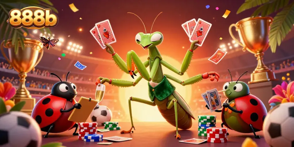 Betting excitement at 888b with cartoon characters in vibrant casino scene.