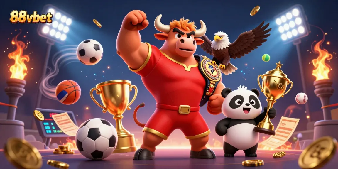 Engage with 88vbet sports betting excitement featuring a victorious bull mascot, eagle, and trophy.
