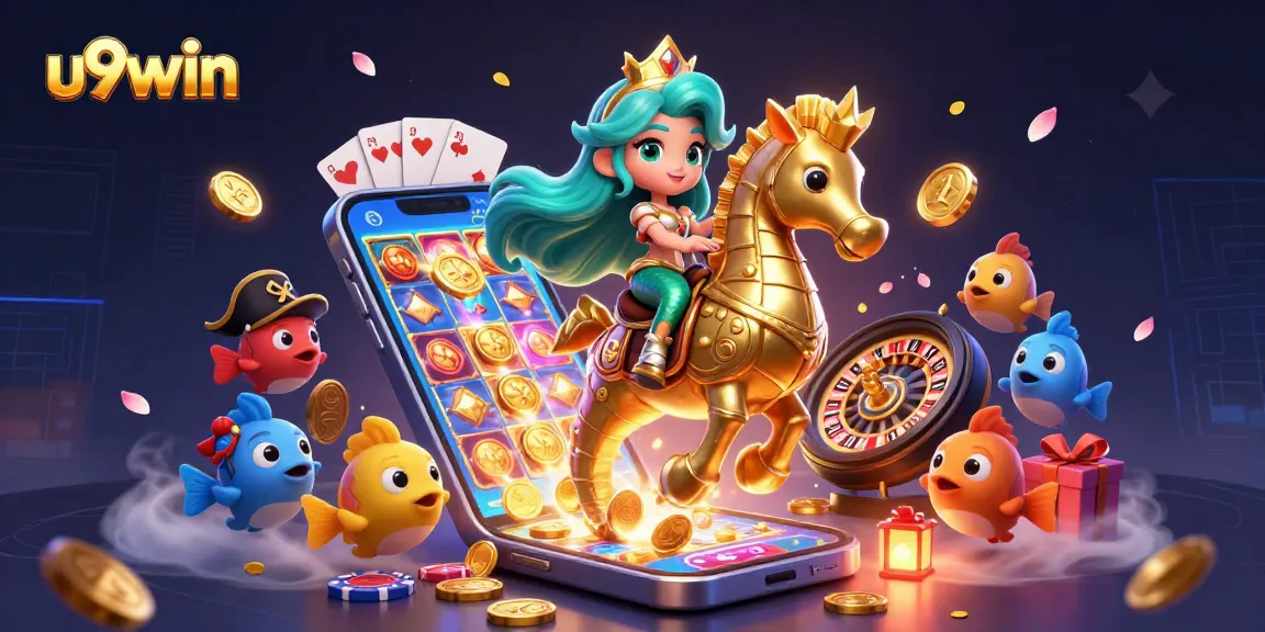 Engage with u9win's lively slots scene featuring a mermaid and seahorse amidst vibrant casino elements.