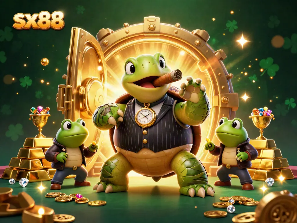 Experience thrilling casino action with sx88, showcased by a turtle mobster and bullfrog enforcers.