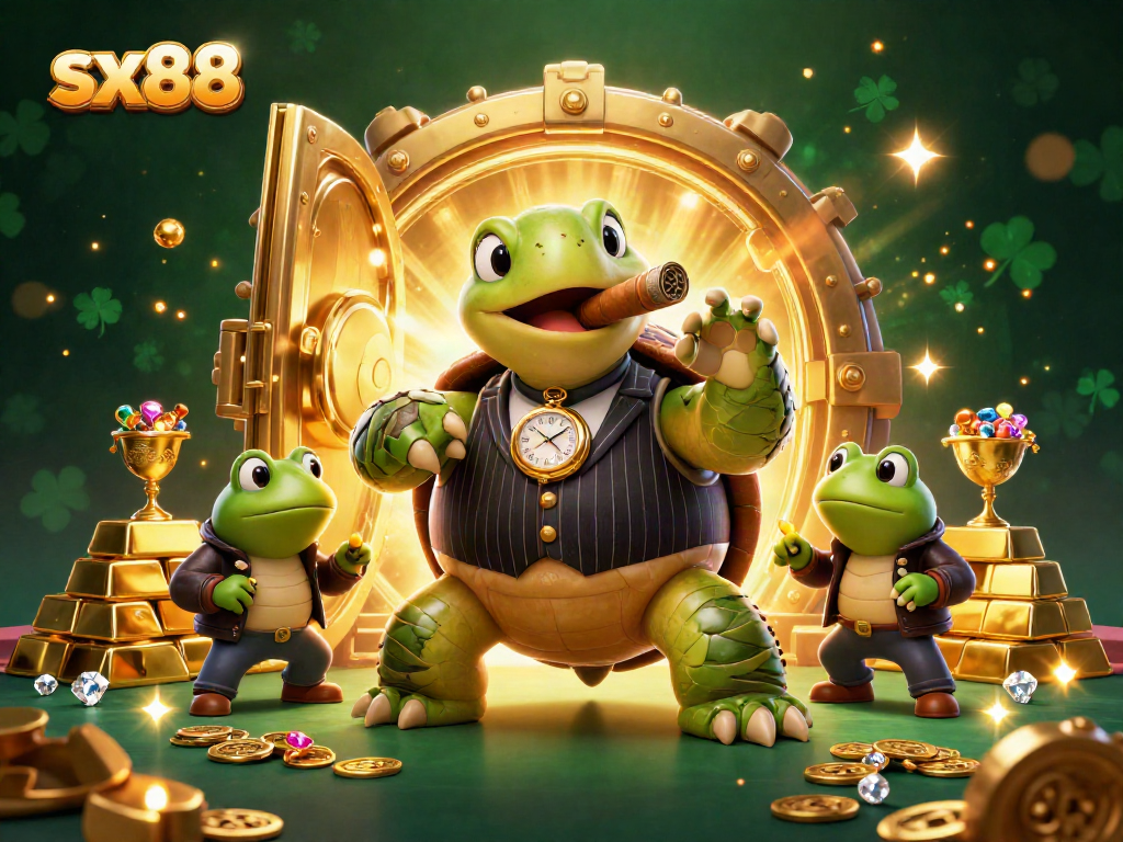 Experience thrilling casino action with sx88, showcased by a turtle mobster and bullfrog enforcers.