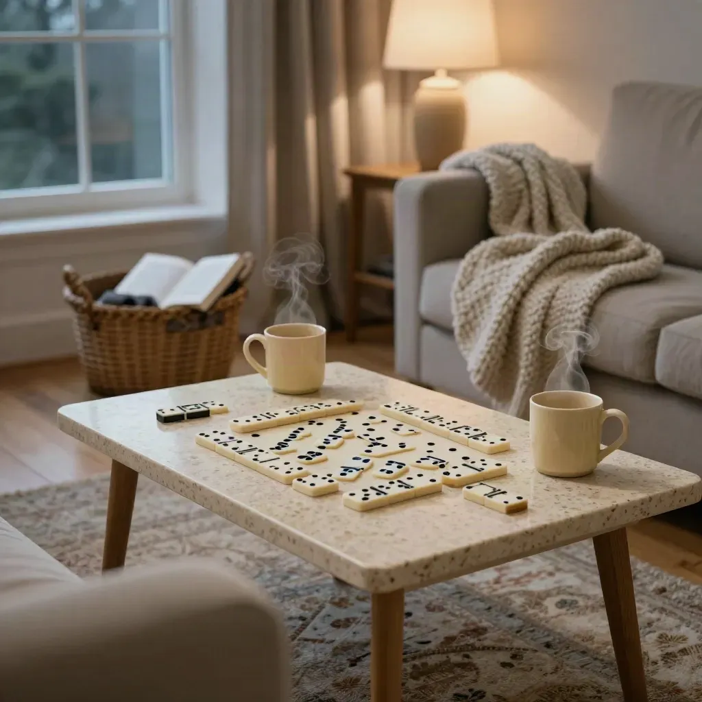 Cosy sitting room still life with dominoes, mugs, throw and armchair