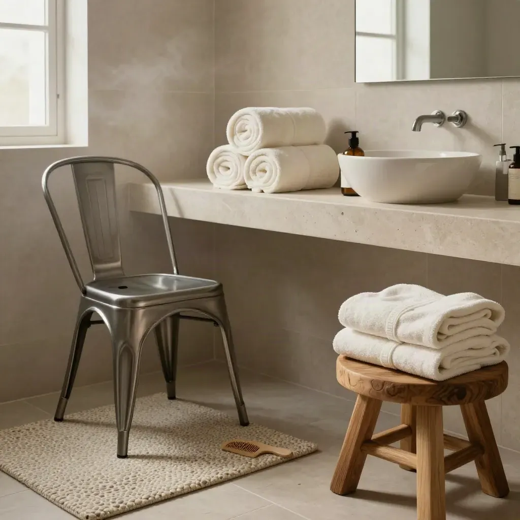 Prepared bathroom with towels, shower chair, mat, lotion, comb and folded robe