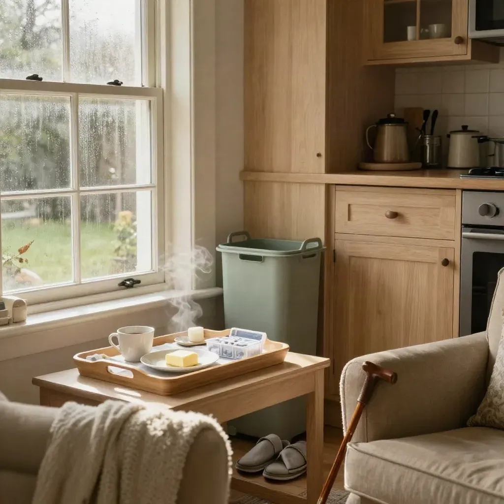 Cream bungalow care corner with breakfast tray, slippers, pill organiser and walking stick