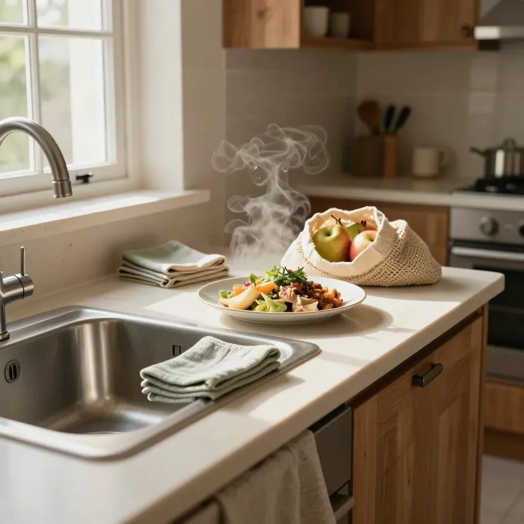 Freshly cleaned kitchen with tea towels, fruit bag, hot meal, and polished sink in warm afternoon light.