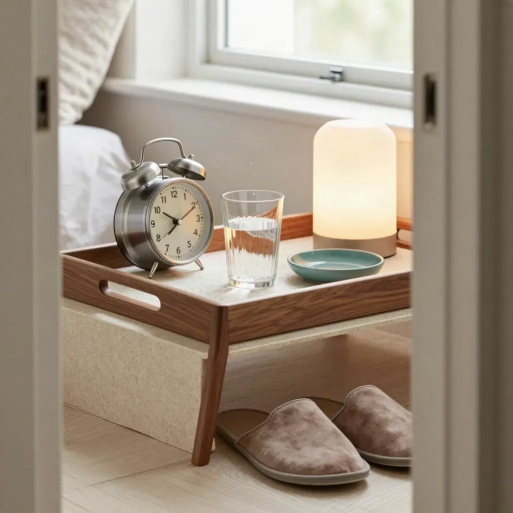 Bedside dementia-care routine with clock, lamp, water glass, slippers and a tidy tray.