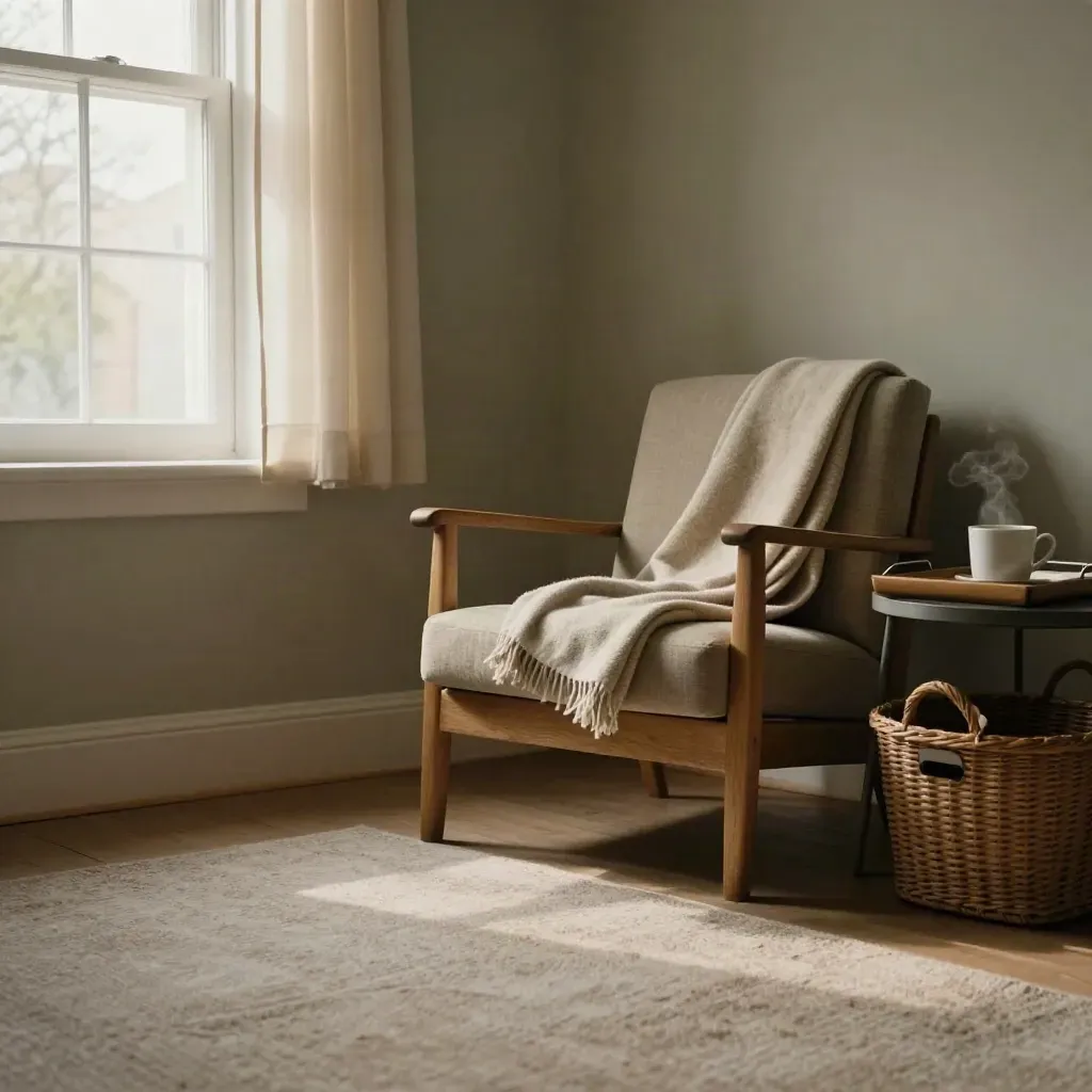 Quiet lounge with armchair, blanket, tea tray and care basket in soft window light.