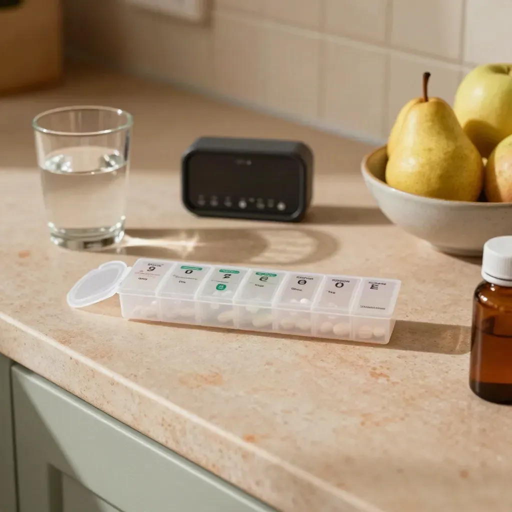 Pill organiser with water glass, timer and fruit bowl on a kitchen counter