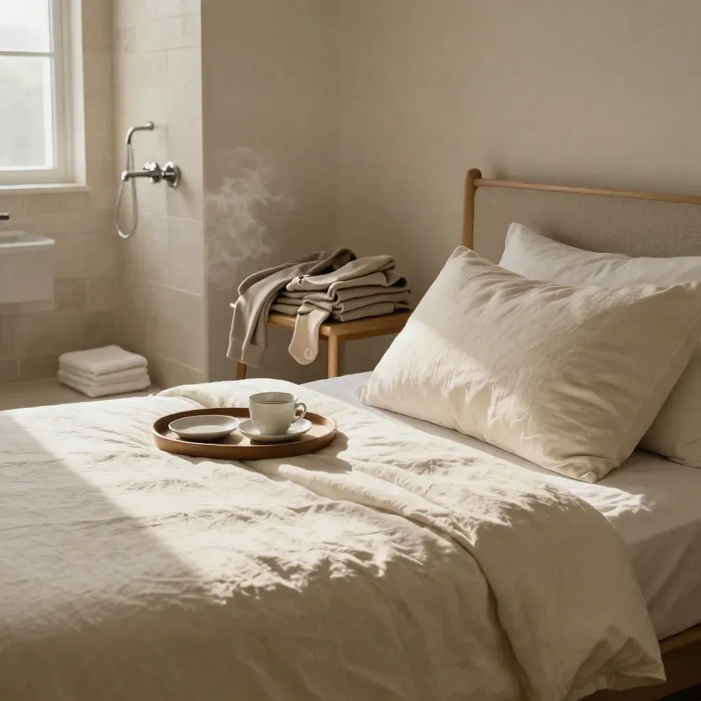 Neatly made care-bed with breakfast tray, folded clothes, and steamy bathroom doorway.
