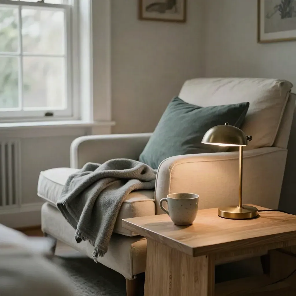 Quiet lounge with cooling cups, folded blanket, empty chair and lamp in soft late-day light
