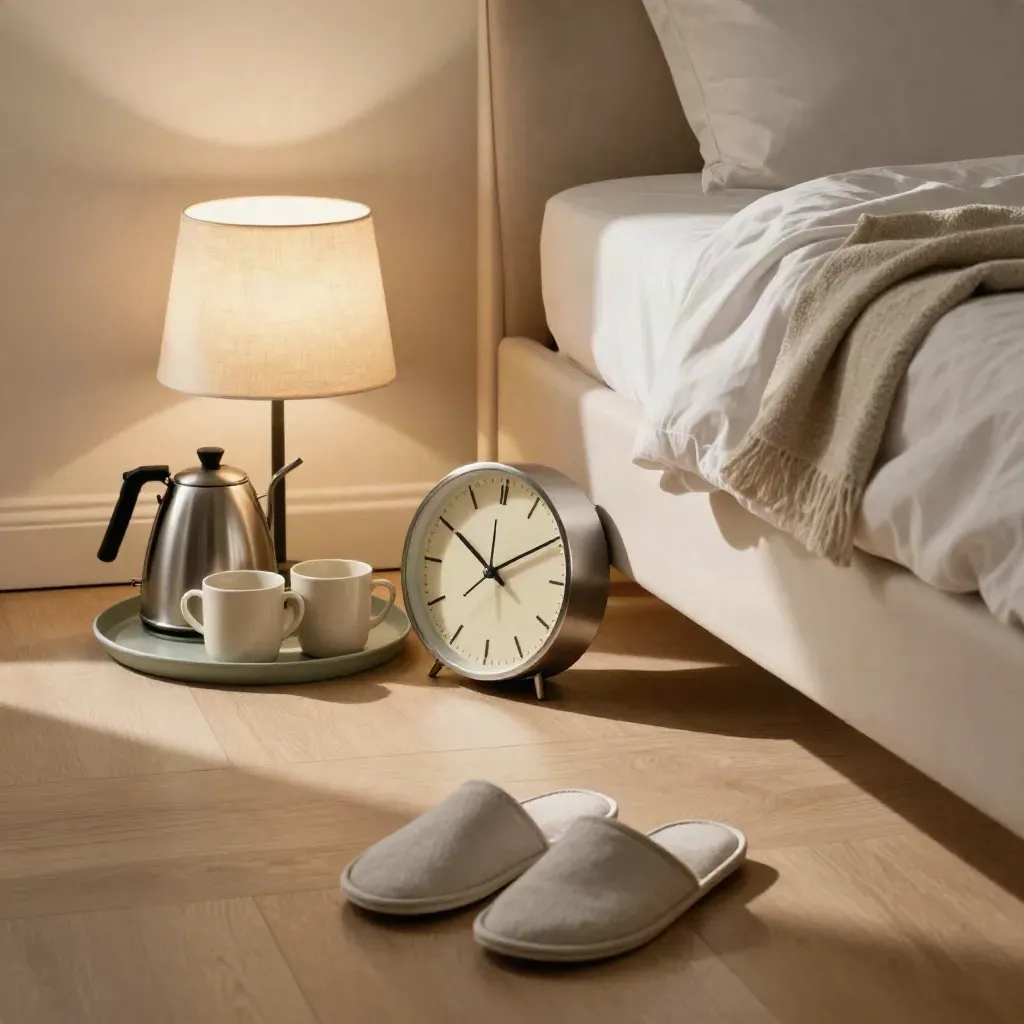 Bedside routine with clock, lamp, slippers and kettle tray in a calm dementia-care room