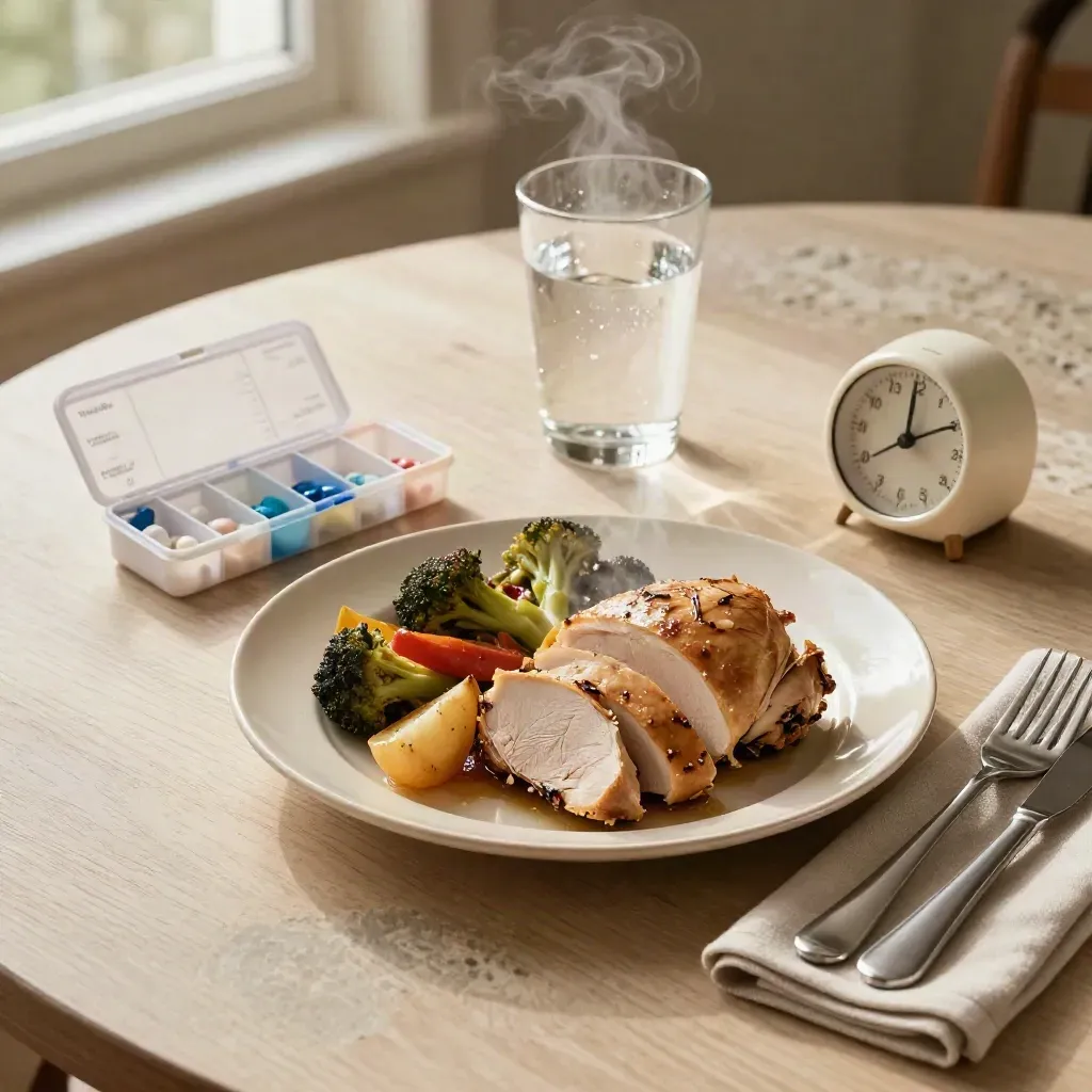 Overhead supper setting with steam, water glass, pill organiser and kitchen timer on pale oak.