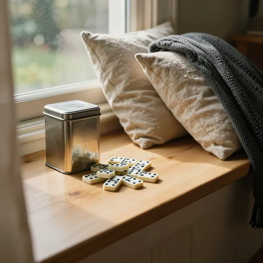 Cozy window seat with dominoes, biscuit tin, cushions, and knit throw in warm afternoon light.