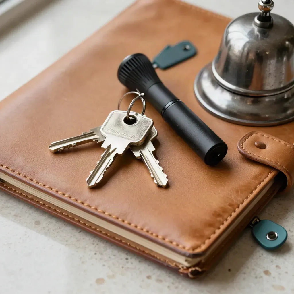 Macro of care manager tools: leather binder, keys, torch and route bell on travertine.