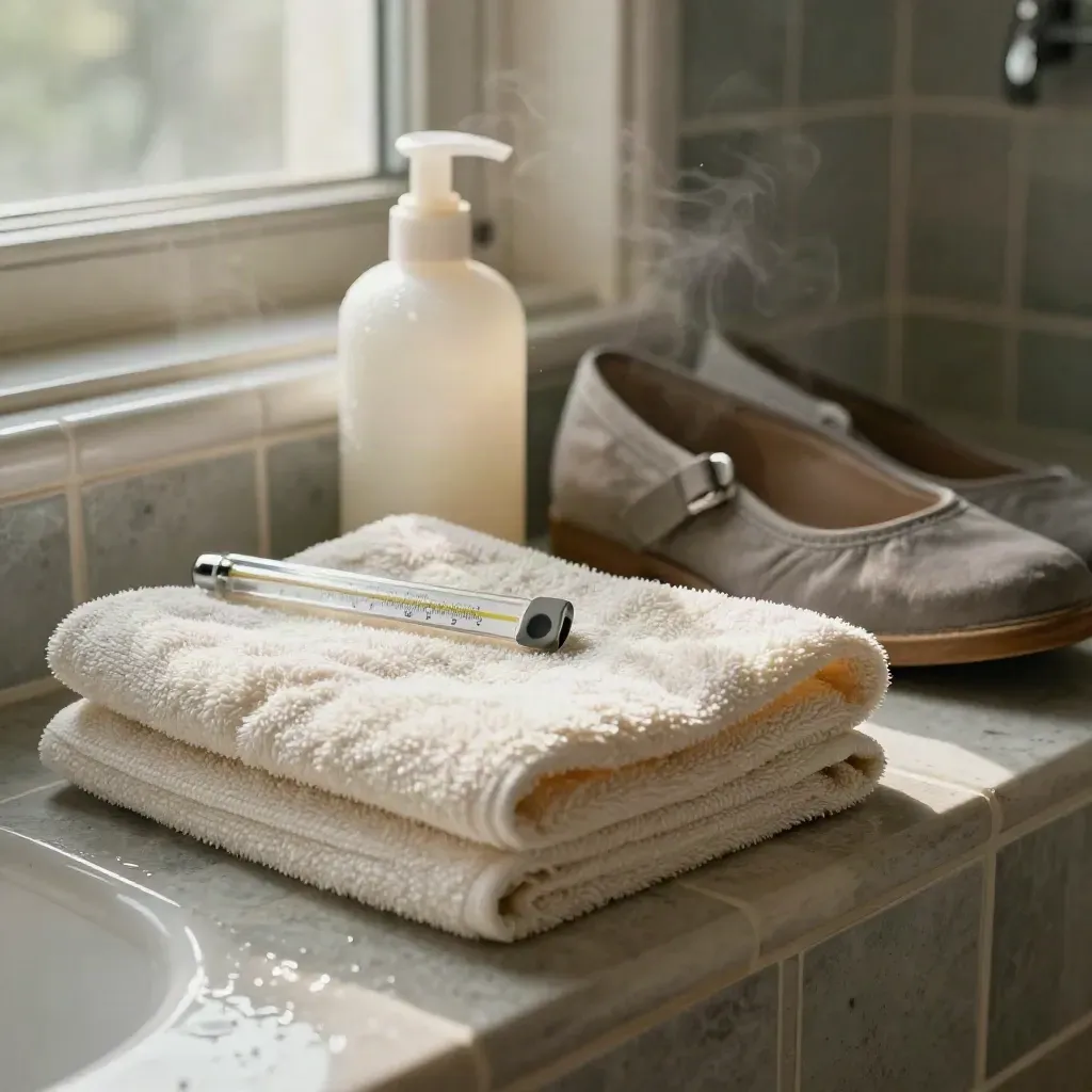 Carer toolkit on a tiled washroom ledge with towel, lotion bottle, thermometer and shoes