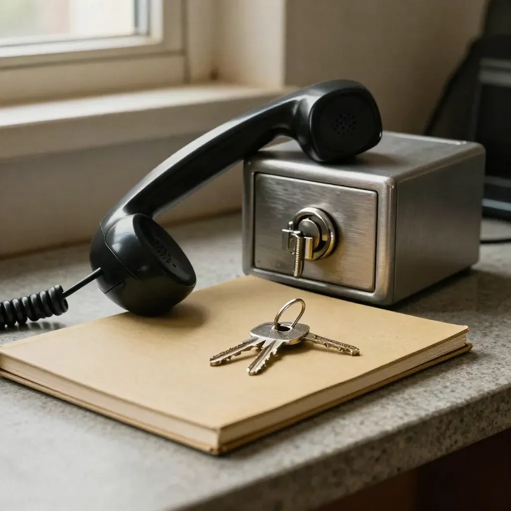Corded handset, key safe, route notebook and house keys on a matte office counter.