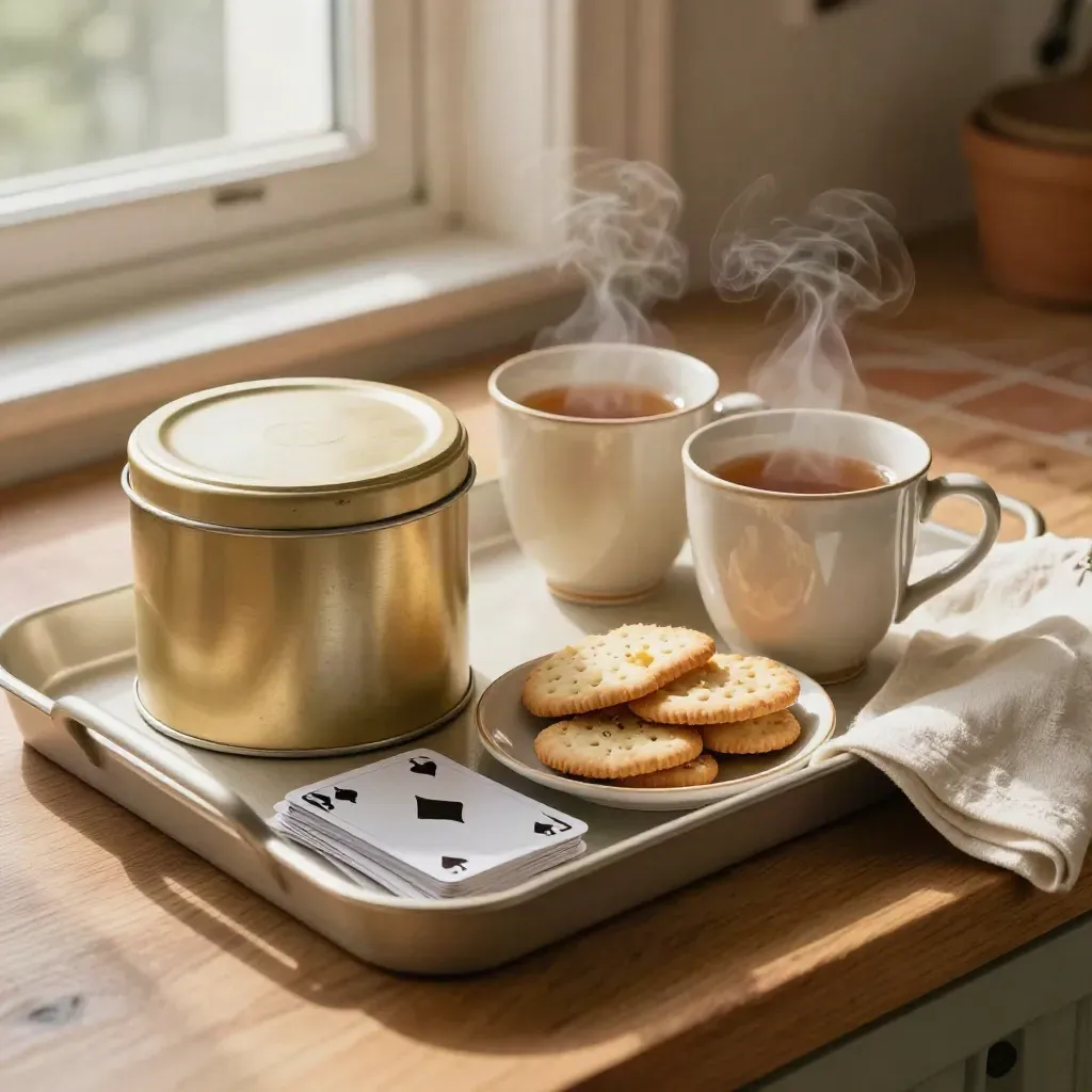 Tea tray with mugs, biscuit tin, cards and snacks in a warm kitchen still life