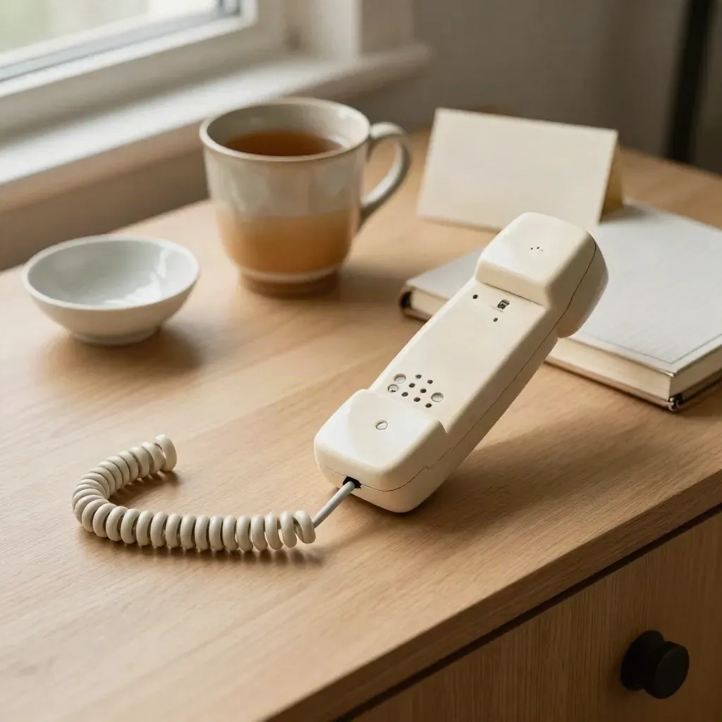 Corded landline handset with mug, key bowl, and notebook on a pale oak sideboard