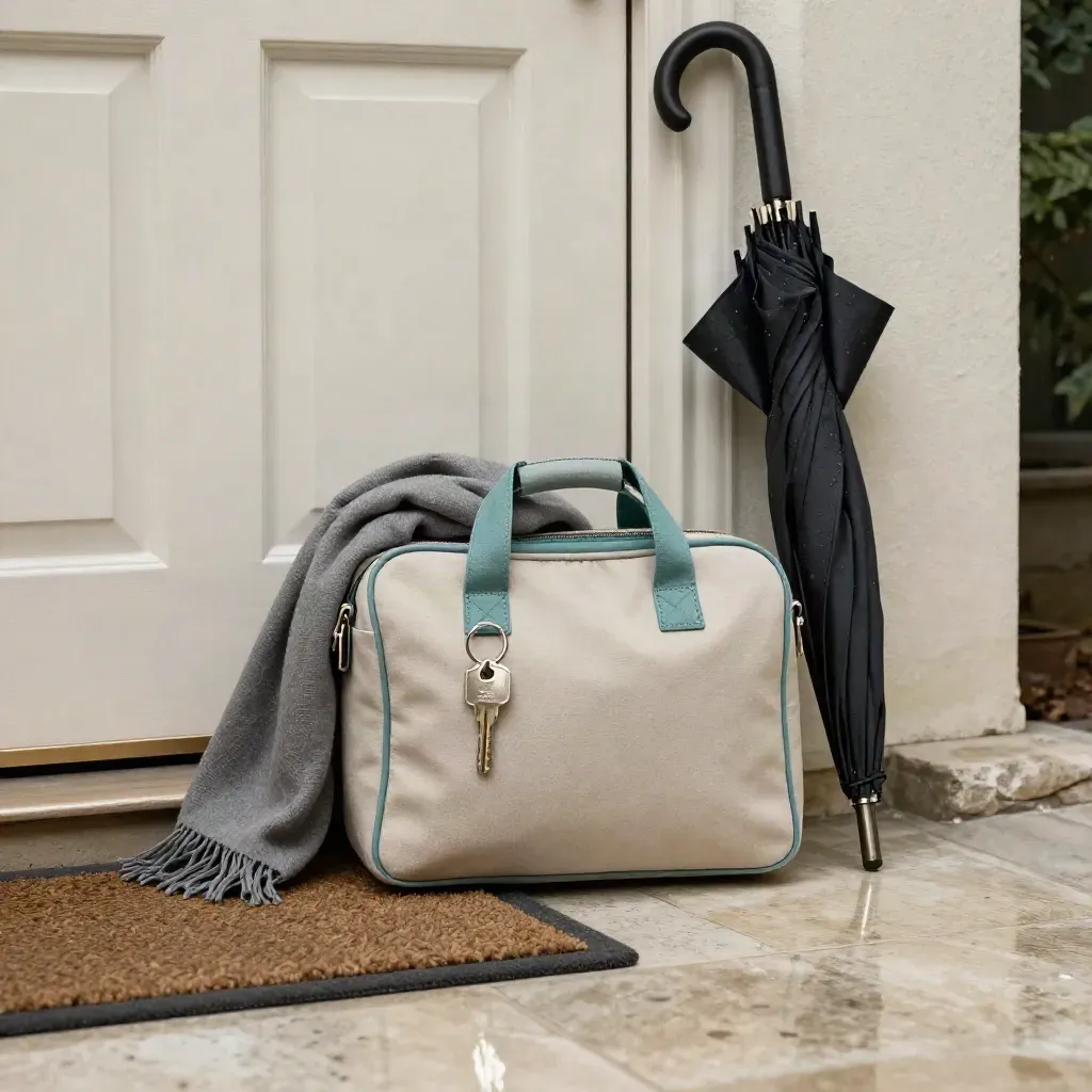 Home-visit satchel, key, scarf, and umbrella staged by a front-door threshold mat.