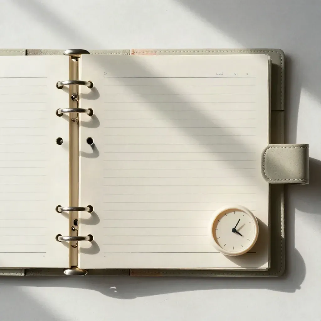Overhead flatlay of a care binder, divider tabs, clips and timer on pale plaster.