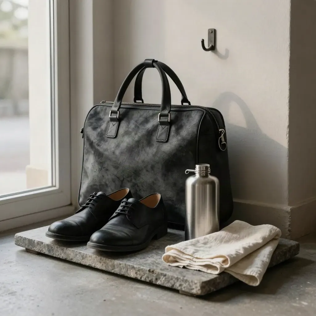 Charcoal care satchel, shoes, thermos and cloth on a stone tray in a hallway
