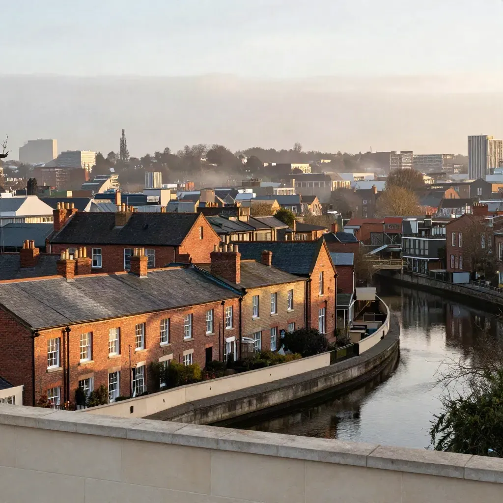 Hazy Birmingham rooftops and canal brick textures under golden evening light