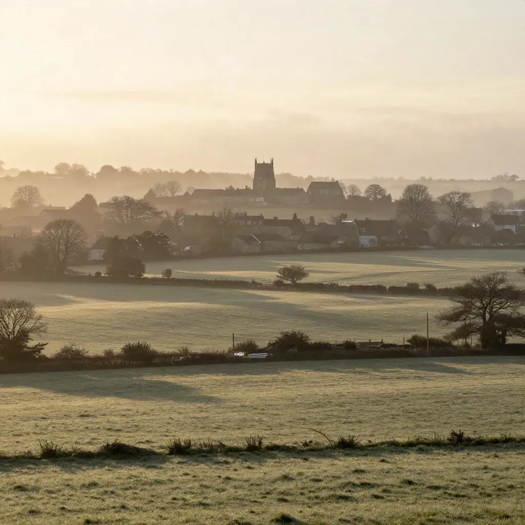 Misty Warwickshire fields, honey-stone rooftops and a church tower at sunrise