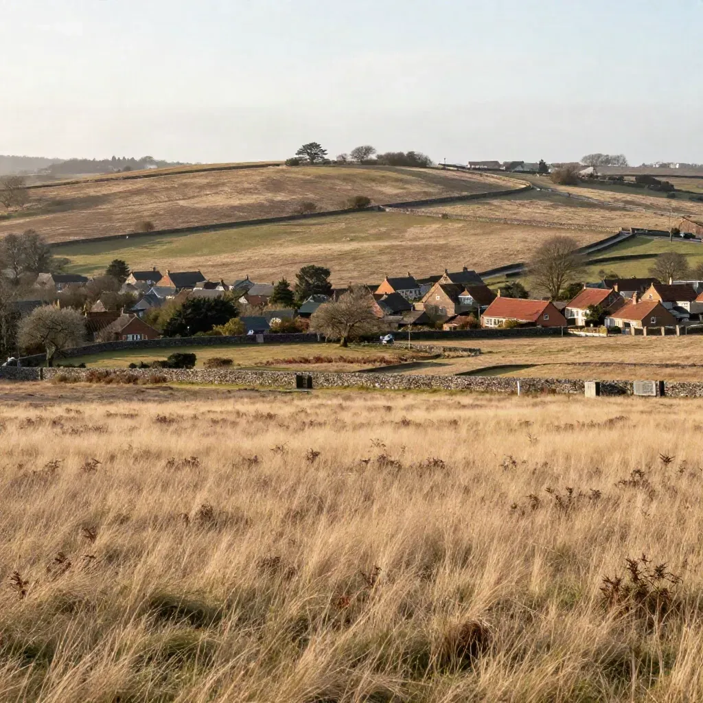 Golden Staffordshire heathland with low brick village edges under hazy evening sun.