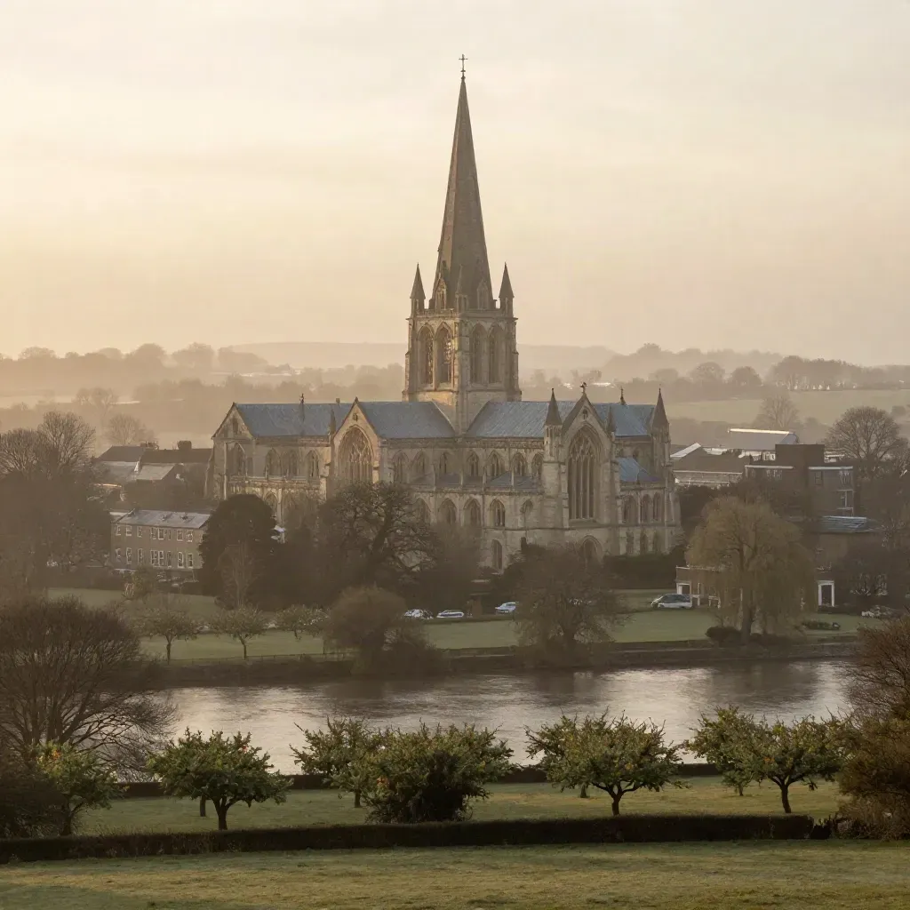 Worcester cathedral spire above river mist and pale orchard fields at dusk
