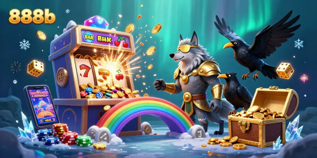 Engage with thrilling 888b gaming adventures as a Norse-inspired wolf and ravens guard a vibrant casino bridge, bursting with jackpots.