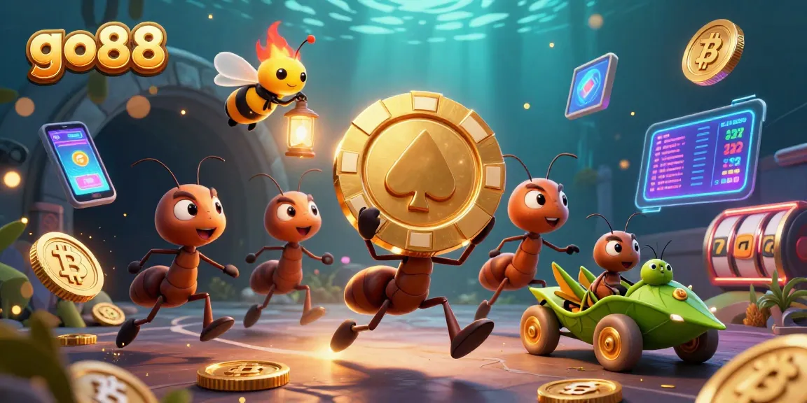 Experience thrilling heist action in go88's vibrant casino world with ants, gold chips, and crypto elements.