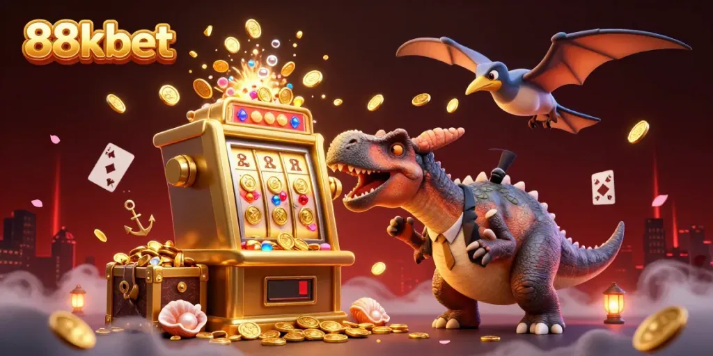 88kbet dinosaur character interacts with a slot machine, symbolizing thrilling casino opportunities.